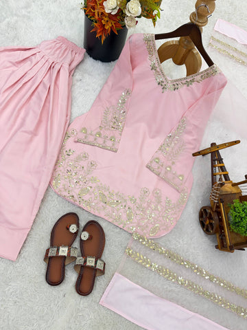 Elegant Pink Crepe Silk Embroidery Work Palazzo Suit