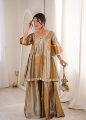 Lovely Golden Two-Tone Embroidered Mirror Work Sharara Suit