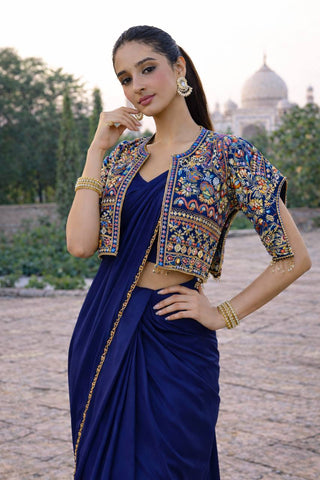 Amazing Blue Heavy Crepe Silk Embroidery Jacket With Saree