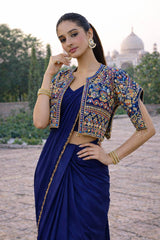 Amazing Blue Heavy Crepe Silk Embroidery Jacket With Saree