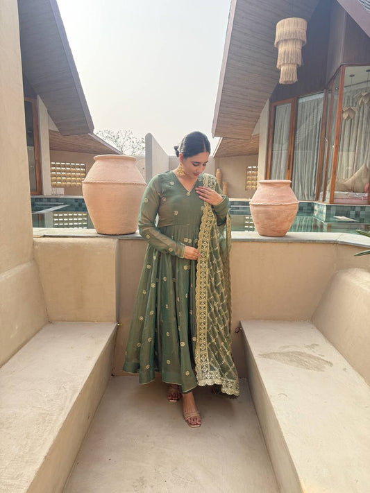Amazing Pista Green Embroidery Anarkali Gown