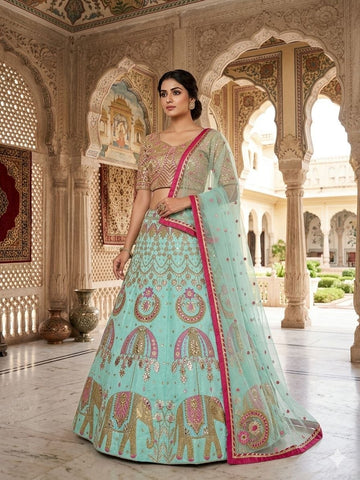 Stunning Aqua Green Silk with Embroidery Work Lehenga