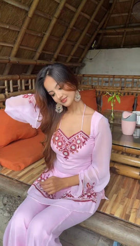 Lovely Pink Heavy Faux Georgette Embroidered Palazzo Suit