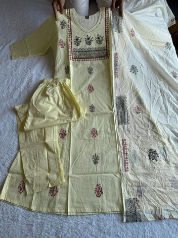 Exclusive Light Yellow Pure Cotton Hand Work Suit