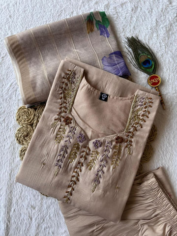 Alluring Cream Mul Chanderi with Hand Work Suit