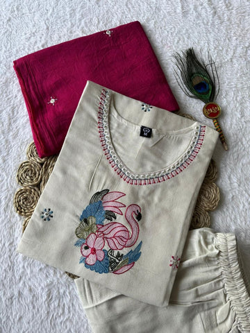 Lovely Cream Khadi Cotton with Embroidery Work Kurti