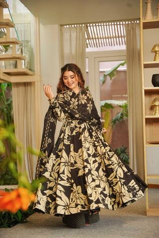 Awesome Black Maslin Cotton Digital Print Anarkali Suit