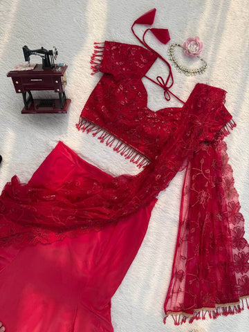 Luxuriant Red Natural Crepe Thread Work Lehenga Saree
