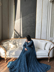 Amazing Teal Blue Georgette Silk Thread Embroidery Gown