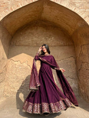 Fabulous Maroon Faux Georgette Thread and Sequence Work Gown