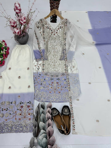 Fabulous White Georgette with Embroidery Work Palazzo Suit