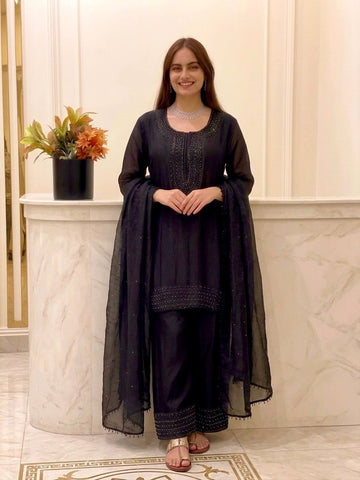 Amazing Black Silk Embroidery Work Sharara Suit