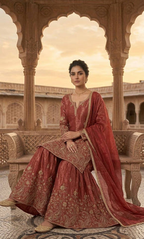 Pretty Maroon Heavy Crunchy Silk Embroidered Sharara Suit