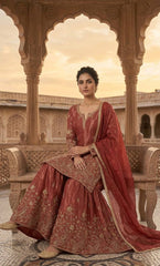 Pretty Maroon Heavy Crunchy Silk Embroidered Sharara Suit