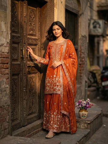 Lovely Lavender Silk Embroidery Work Sharara Suit