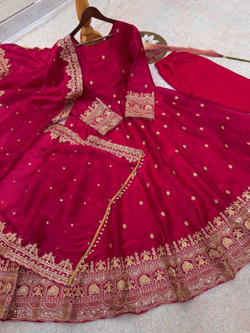 Exclusive Maroon Fandy Satin Silk with Heavy Embroidery Work Gown