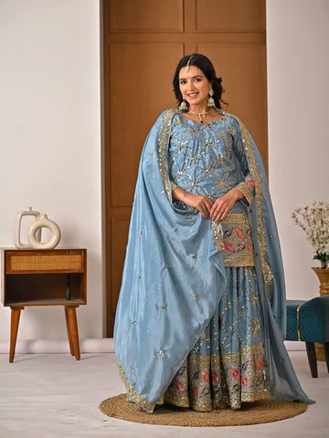 Exclusive Blue Heavy Chinnon Silk Sharara Suit