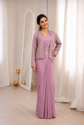 Exclusive Peach Heavy Crep Silk Embroidery Work Saree