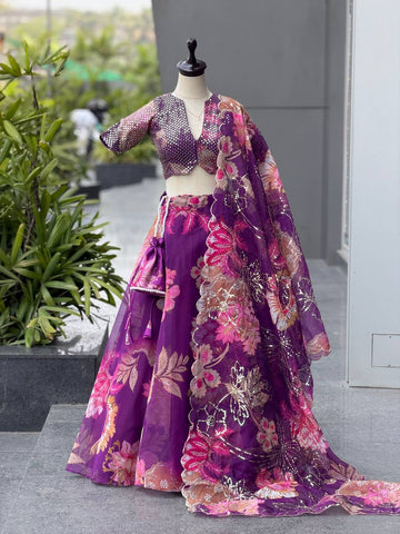 Shining Purple Organza Sequence Work Lehenga