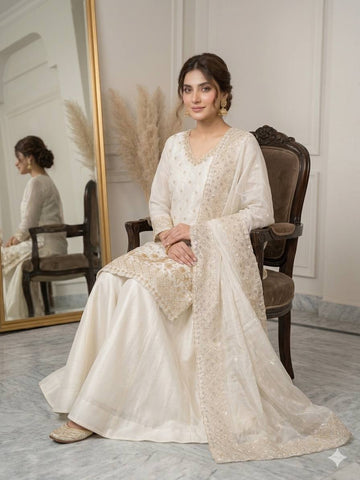 Lovely White Fendy with Beads Work Kurti Set