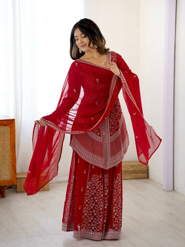 Amazing Red Faux Georgette Embroidery Sharara