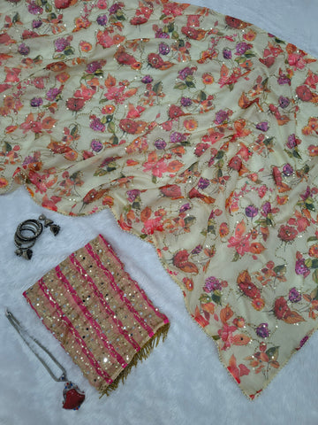 Pink Digital Floral Print, Sequins Embroidery Saree