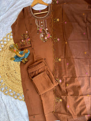 Stylish Brown Roman Silk with Thread Work Kurti Set