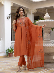 Rust Pure Viscose Mango Silk Multi Embroidery Kurti Set