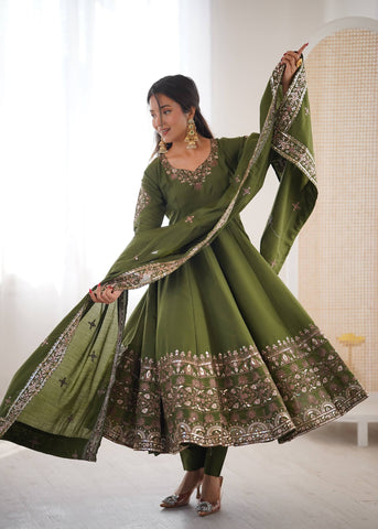 Stylish Red Roman Silk with Embroidery Sequence Work Gown