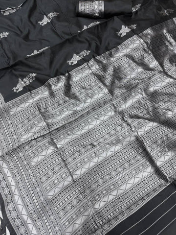 Shining Black Lichi Silk Banarasi Saree Wedding Wear