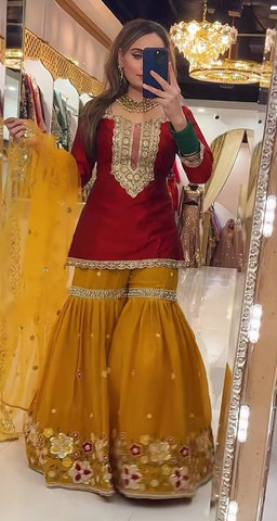 Stunning Green Faux Georgette Silk Embroidery Sharara Suit