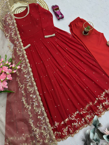 Elegant Red Fox Georgette Embroidery Work Gown