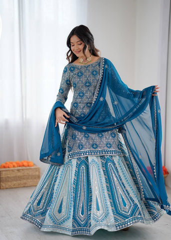 Blue Faux Georgette with Sequence Work Lehenga Top