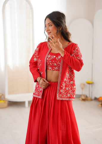 Stunning Red Havy Chinon Silk Plain Lehenga