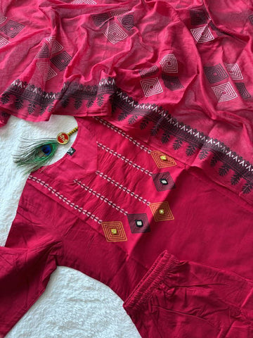 Lovely Maroon Cotton with Mirror Hand Work Kurti Set