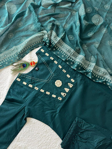 Opulent Dark Teal Cotton Mirror Work Kurti