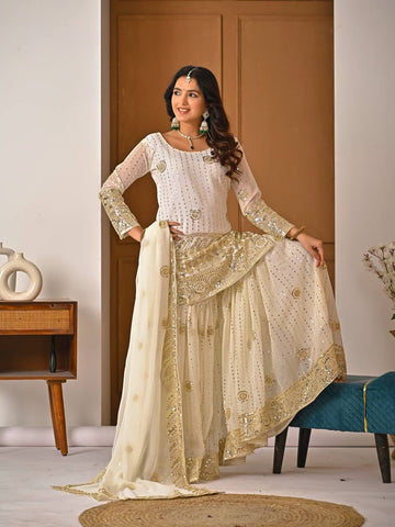 Amazing White Georgette Silk Embroidery Sharara Suit