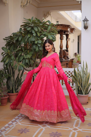 Amazing Pink Russian Silk Embroidery Work Anarkali Suit