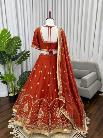 Exclusive Rust Silk With Thread Work Lehenga Choli
