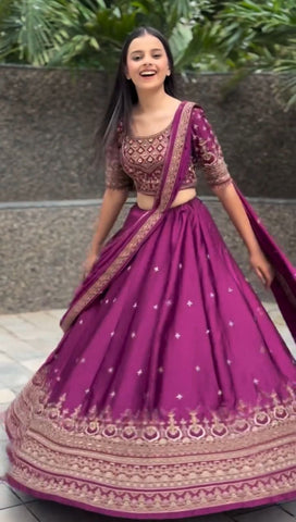Exclusive Purple Chinon Heavy Embroidery Lehenga Choli