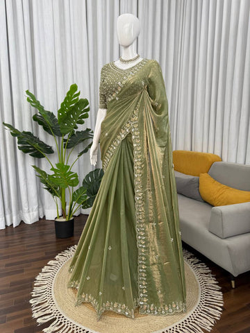 Trending Sequence Work Mehndi Green Silk Saree