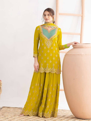 Stylish Chinon Silk Embroidery Work Sharara Suit