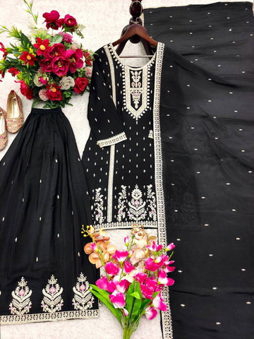 Charming White Chinon Silk Embroidery Work Sharara Suit