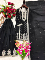 Charming White Chinon Silk Embroidery Work Sharara Suit