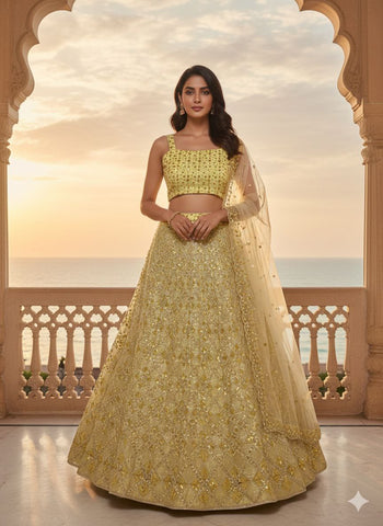 Captivating Yellow Butterfly Net Embroidery Work Lehenga