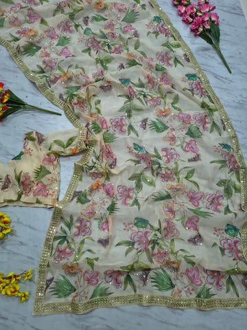 Mesmerizing Cream Silk Print Work Saree