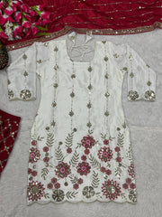 Trendy Red and White Silk with Sequence Work Sharara Suit