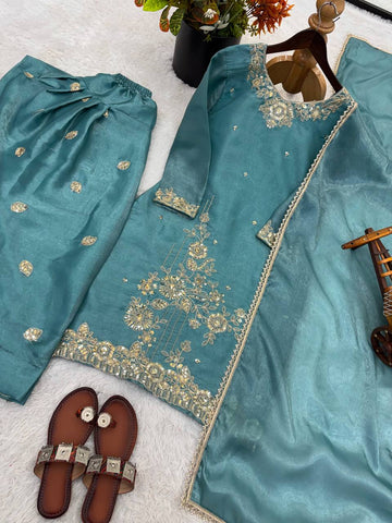 Amazing  Aqua Blue Silk Embroidery Work Sharara Suit