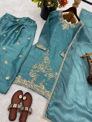 Amazing  Aqua Blue Silk Embroidery Work Sharara Suit