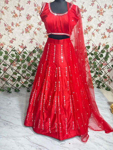 Captivating Red Malai Satin Silk Embroidered Lehenga
